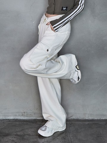 反折腰工裝直筒寬長褲-白色