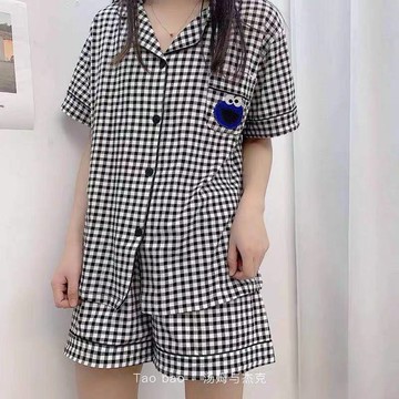 睡衣女夏季短袖短褲格子卡通芝麻街休閑學生家居服可外穿兩件套