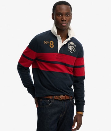 Superdry Men's Double Emblem Stripe Rugby Top Navy Size: M