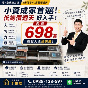 永康南工街6米活巷RC需整理透天｜買房找丁丁｜台南市永康區南工街