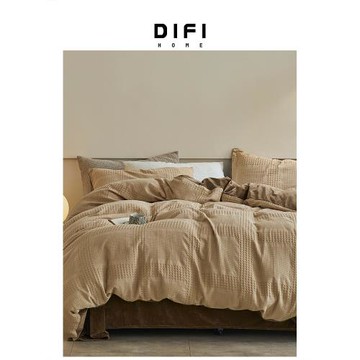 意大利DIFI全棉棉加絨加厚秋冬華夫格色織提花淺卡其色床上四件套