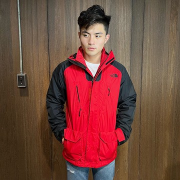 美國百分百【The North Face】連帽外套 TNF 北臉 夾克 保暖 防風 防水 兩件式 黑紅色 S號 E662