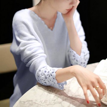 拼接鉤花上衣毛衣秋冬新款顯瘦休閑寬松v領套頭長袖針織小衫百搭