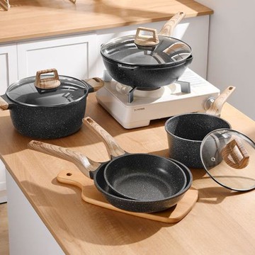 麥飯石鍋具套裝不粘鍋三件廚房廚具全套家用炒鍋電磁爐燃氣灶通用