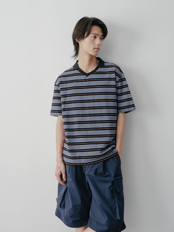 復古文青 條紋小翻領短袖T恤