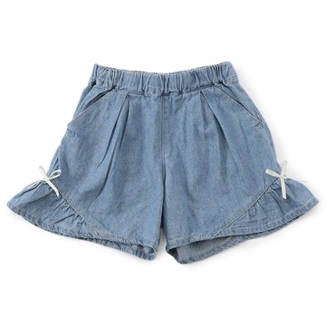 日本 apres les cours - 二側可愛蝴蝶結寬擺短褲-淺丹寧藍