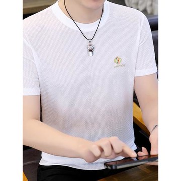 透氣短袖t恤男夏季薄款高級感冰絲速干半袖圓領冰感打底衫上衣潮T