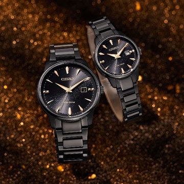 CITIZEN星辰 PAIR系列 銀河黑金限定 光動能時尚對錶 新年禮物 推薦 送禮 (BM7595-89E+EW2595-81E)