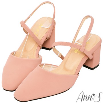 Ann’S霧感柔情-顯瘦腳背斜帶拉帶粗跟方頭跟鞋-粉