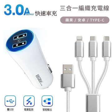 Bstar 3A雙孔LED智能快速車充+尼龍編織三合一充電線(安卓/蘋果)