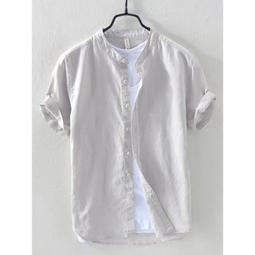 男士亞麻短袖襯衫夏天麻布青年夏裝寬松休閑棉麻料襯衣男裝上衣服