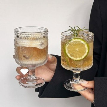 復古風太陽花浮玻璃杯高顏值酒杯設計感飲料果汁高腳水杯子