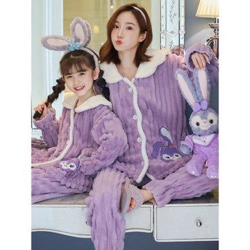 親子裝母女睡衣秋冬季加厚珊瑚絨甜美女童星黛露法蘭絨家居服套裝