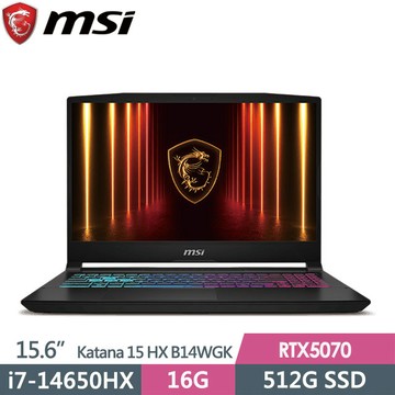 "msi Katana 15 HX B14WGK-059TW(i7-14650HX/8G+8G/512G SSD/RTX5070-8G/15.6\"QHD/W11)特仕電競筆電"
