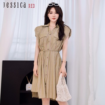 JESSICA RED - 寬鬆休閒綁帶條紋短袖洋裝R43711