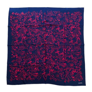 【↘特惠89折UP】CHANEL 手繪草畫風多圖案方巾(藍橘紅圖)