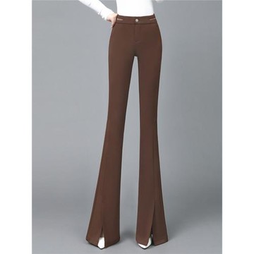 開叉咖色喇叭褲女2025年春夏新款高腰顯瘦垂感彈力西裝微喇長褲子