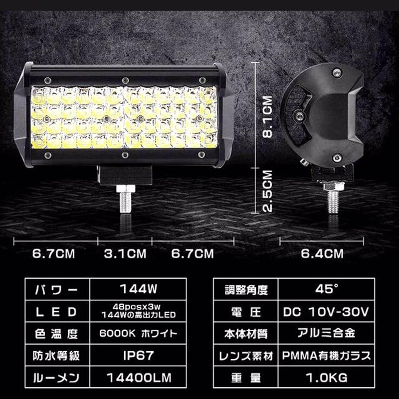 LED 48連 ワークライト 144w 作業灯 12v-24v フォグランプ バック