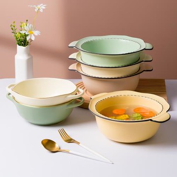 雙耳湯碗家用新款大號盛湯大碗泡面碗北歐餐具8寸純色陶瓷湯盆