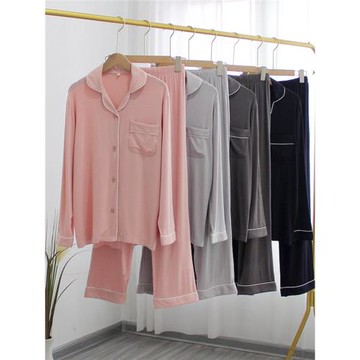 日系情侶莫代爾家居服男士春秋簡約女長袖長褲寬松開衫睡衣薄套裝