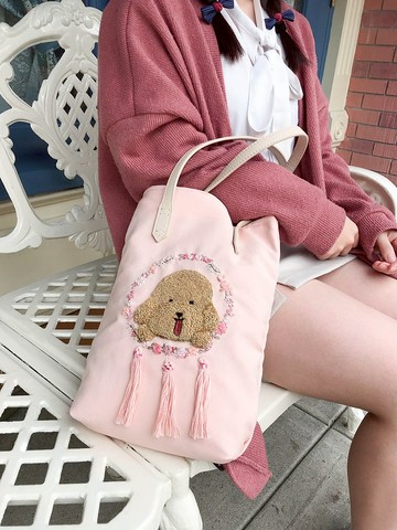 刺繡狗狗捕夢網A4包 | 貴婦狗, 粉紅色