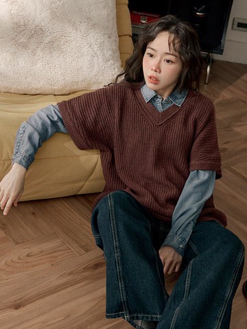 V領粗針織寬鬆長版背心