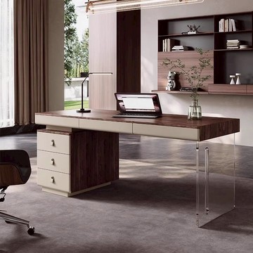 公司貨免運 開發票 辦公桌 意式極簡實木書桌輕奢現代家用書房寫字臺亞克力懸浮胡桃木辦公桌
