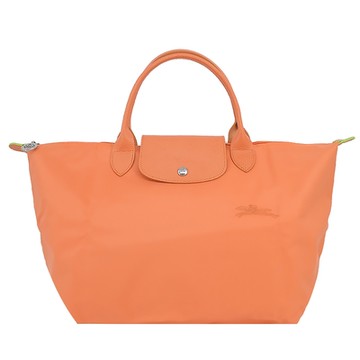 LONGCHAMP LE PLIAGE GREEN系列刺繡短把再生尼龍摺疊水餃包(中/橙)