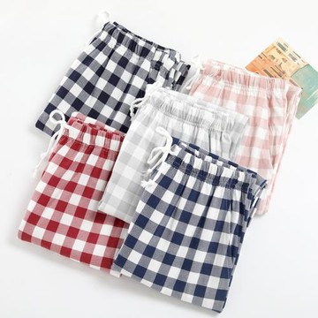 睡褲男女春秋季針織純棉情侶長褲全棉大碼格子居家褲簡約休閑外穿