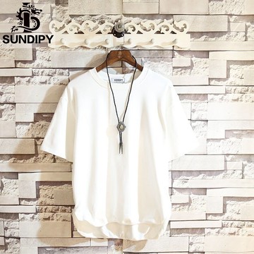 寬松男士春夏季純色短袖體恤港風ins潮流下擺開叉不規則t桖打底衫