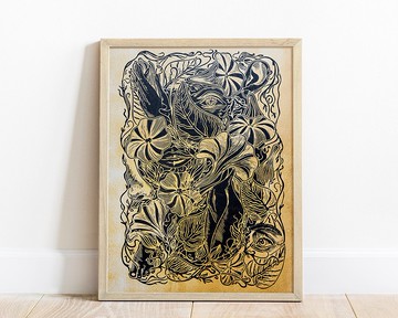 Linocut 印刷金紙和黑色人性自然花卉牆壁藝術植物