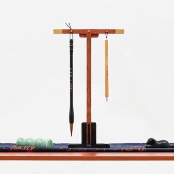 御寶閣 筆掛簡行單雙柱筆架檀木嵌銅筆掛6針文房紅木毛筆架文房四寶書法國畫書房擺件展示架中國風復古筆擱