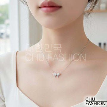 【CHU】韓國直輸 銀鍊蝴蝶結鑽飾項鍊 韓系甜美精緻款