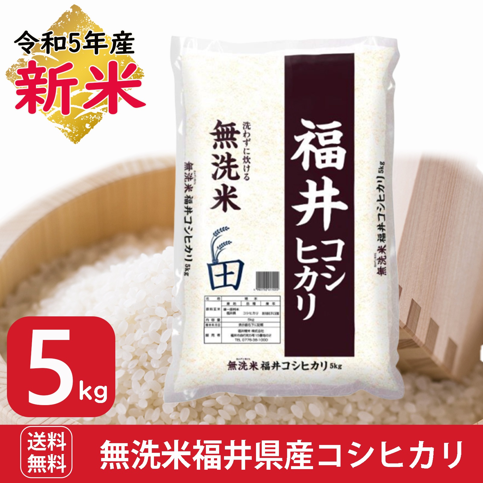 新米 無洗米　福井県産コシヒカリ5kg　単一原料米　白米 令和5年産