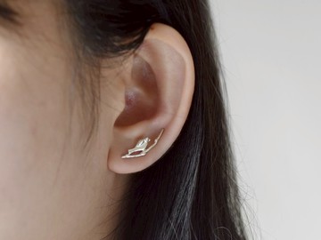 耳朵上的小清新 - 樹上小鳥 (純銀耳環 可愛動物)