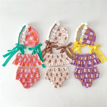 韓版夏季新款童裝女童寶寶花朵帶帽連體泳衣新生兒比基尼分體泳衣