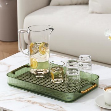 輕奢長方形收納瀝水盤塑料帶把手托盤家用放茶杯水杯茶盤果盤平盤