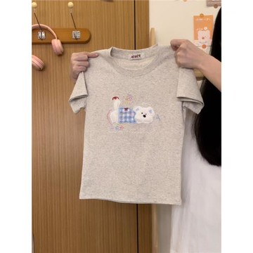 奶油的宇宙 植絨格紋小狗正肩短袖T恤女甜妹減齡修身夏季短款上衣