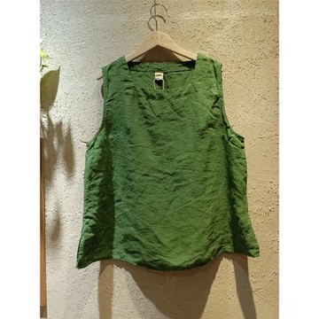 花社2025夏季新款文藝做舊綠色亞麻背心女寬松休閑百搭無袖上衣