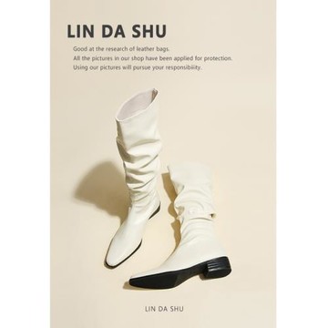 【林大叔】不過膝粗跟白色長筒靴女顯瘦2025新款彈力方頭高筒長靴