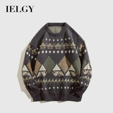IELGY 民族風菱格毛衣男秋冬寬鬆圓領休閒針織毛衣