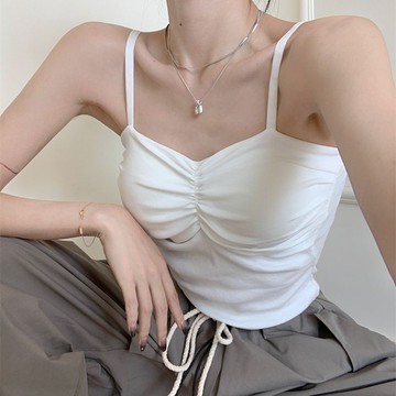 胖胖美依 背心 美背 吊帶 褶皺性感吊帶帶胸墊大胸吊帶背心無袖抹胸式上衣-3769.