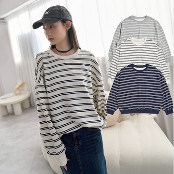 【ERSS】女裝 上衣 長袖 長袖上衣 條紋上衣 針織上衣 大學T 條紋 針織 白色【K80031】
