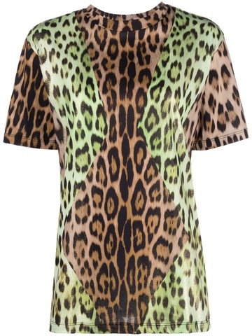 Roberto Cavalli - leopard-print panelled T-shirt - women - Cotton - S - Brown