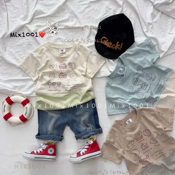 🌈✨韓系 下午茶甜點印圖拼接上衣✨兒童配色鬆餅可麗露印圖上衣 5-17