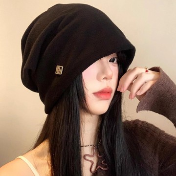 特賣🎀黑色堆堆帽女秋冬日係複古大頭圍套頭包頭帽寬鬆顯臉小百搭冷帽子冬季保暖帽子 加厚護耳毛綫帽 大頭圍顯臉小帽子 HPD