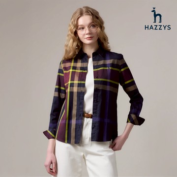 【HAZZYS】女款深藍色柔軟舒適品牌經典款長袖格紋襯衫 YBWKC010