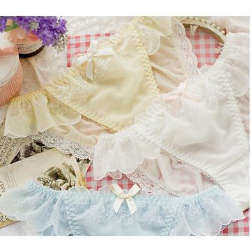 2024秋新日系冰絲網紗仙女低腰三角內褲雪紡刺繡小花蝴蝶結內褲