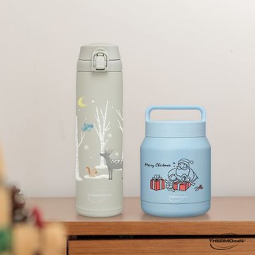 (買1送1)THERMOcafe凱菲聖誕節不鏽鋼彈蓋真空保溫瓶600ml+食物罐650ml(JCL-600CM-BG+TCHF-650CM-LBL))
