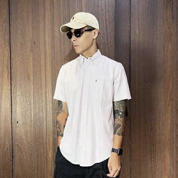 美國百分百【全新真品】Tommy Hilfiger 短袖襯衫 男款 TH 上衣 LOGO 口袋 細直紋 白紫 BL87